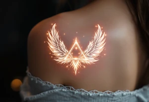 A glowing white triquetra surrounded by angelic feathers, symbolizing divine protection and purity. tattoo idea