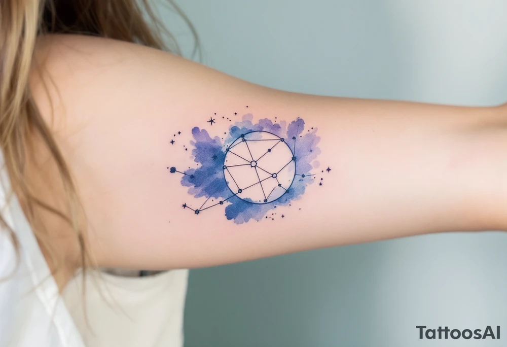 Soft watercolor shades of blue and lavender cradle the Libra star constellation pattern beneath a minimalist zodiac symbol tattoo idea
