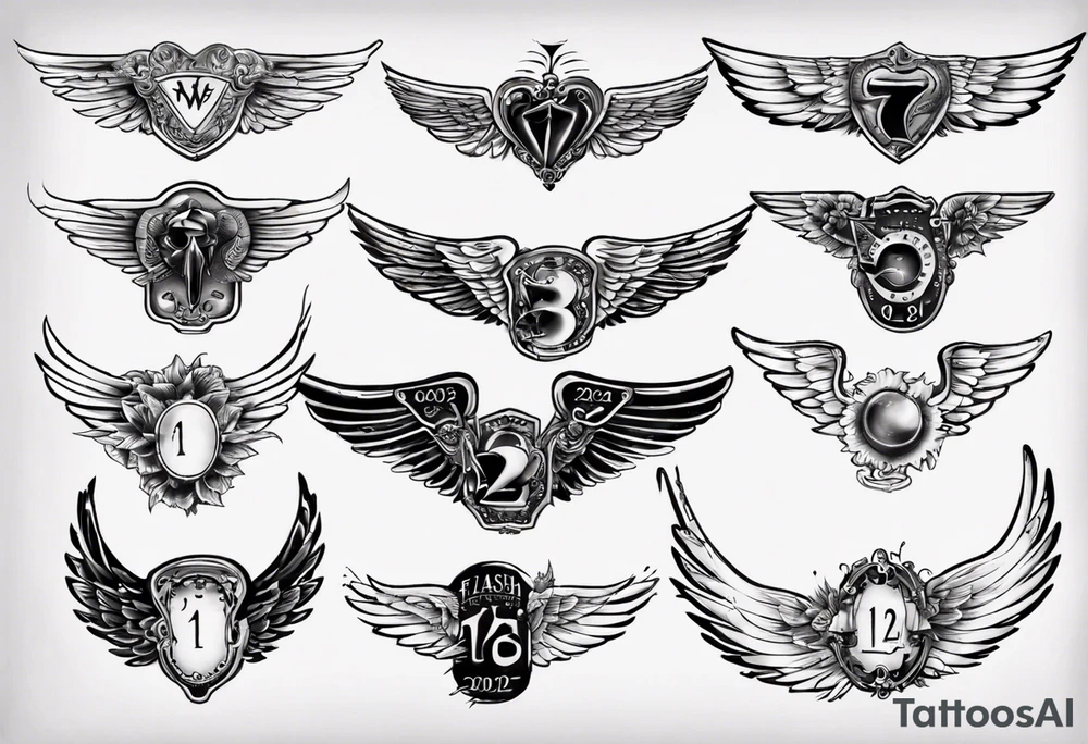 Wings with the dates (1) 09/12/2012 and (2) 24/10/2023 in between the wings tattoo idea