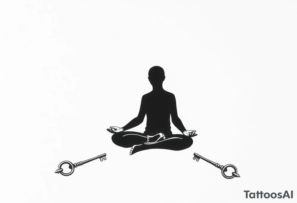 a figure - just a shadow /outline sitting in cross cross position meditating based on the lyrics “doing time in the universal mind” by the doors - with a psychedelic trippy background that correlates to TIME as the meditation expands out from his head into the universe / cosmos . the phrase TURNING KEYS and setting people free needs to be worked in there… flying keys? tattoo idea