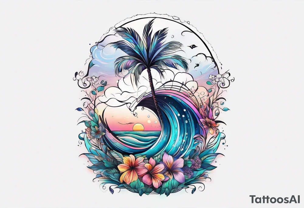sea,, night, flower, palm, tattoo idea