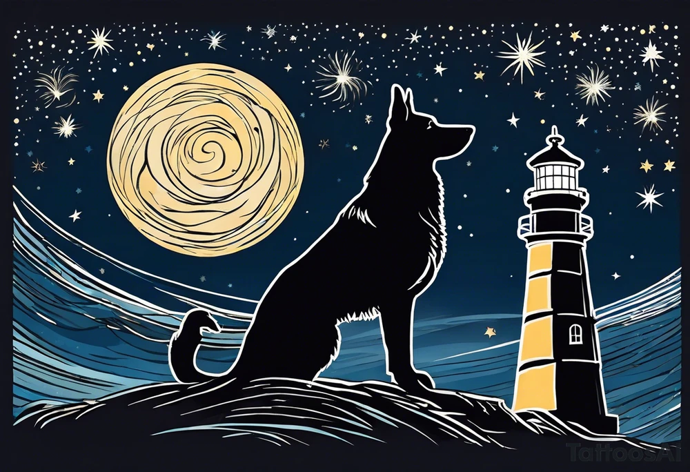 A silhouette of a german shephard, and an adult human male, looking up at a night sky in the style of Van Gogh Starry Night with a lighthouse in the background. Must be narrow and tall to fit on an upper arm. tattoo idea