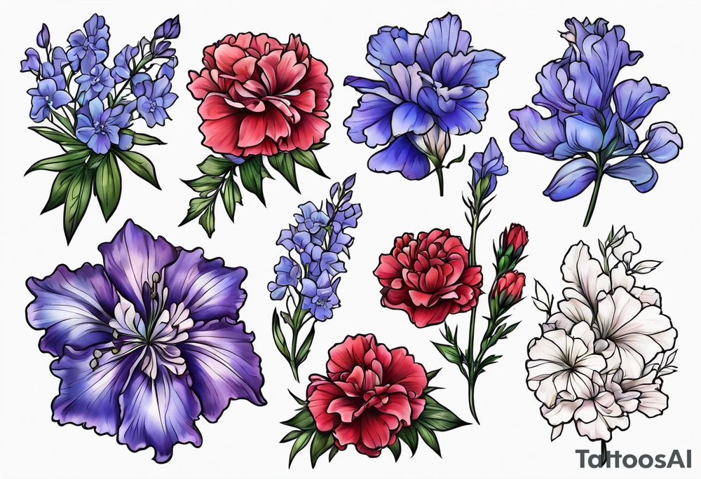 Larkspur flowers and carnation flowers in all color tattoo idea