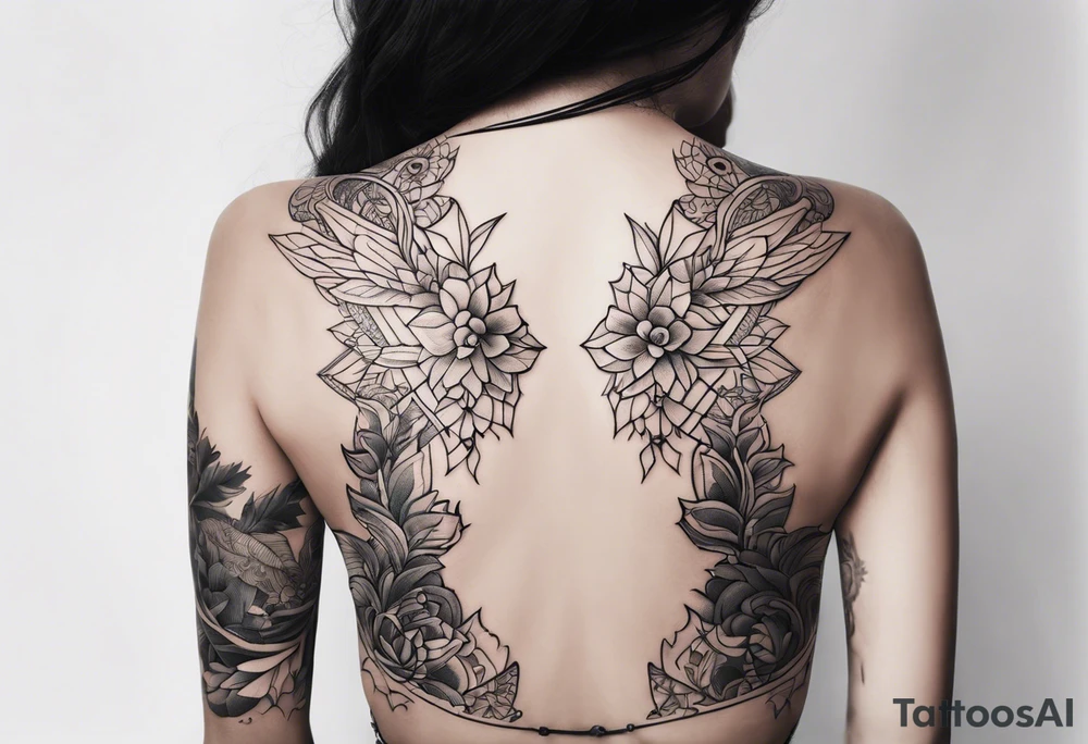 Ornamental tattoo with nature on the back tattoo idea