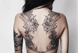 Ornamental tattoo with nature on the back tattoo idea