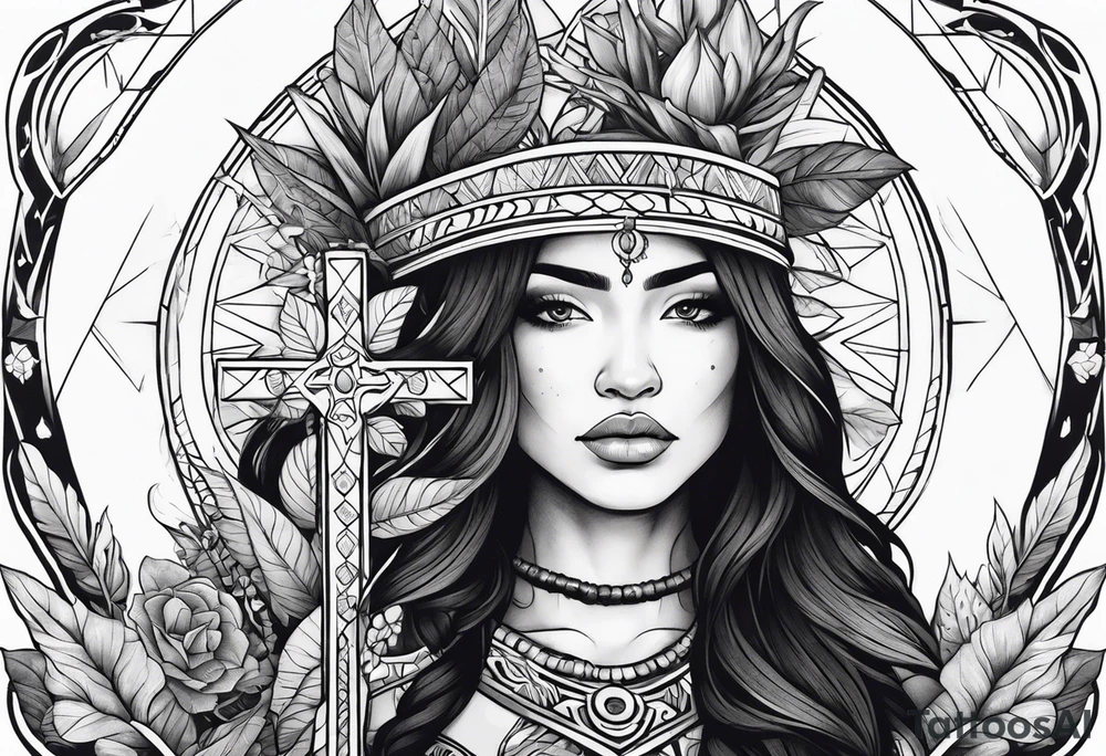 War indigenous woman holding a cross with plants and nature behind her, half sleeve tattoo idea
