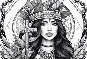 War indigenous woman holding a cross with plants and nature behind her, half sleeve tattoo idea