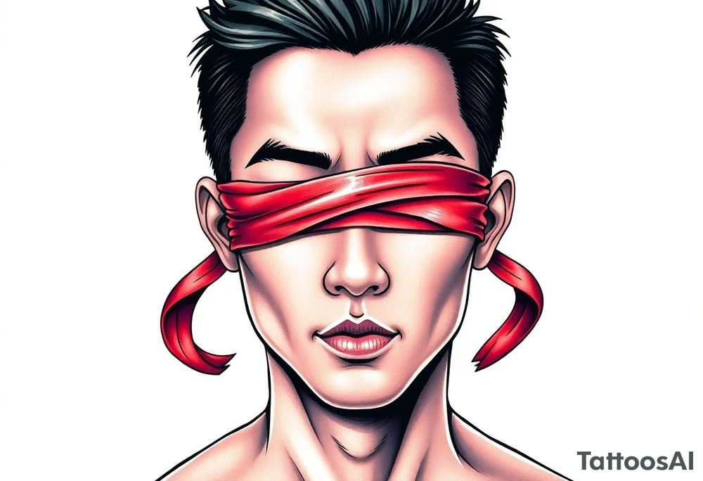 Handsome Asian young guy with 
 eyes covered with a ribbon tattoo idea