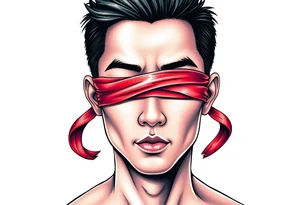 Handsome Asian young guy with 
 eyes covered with a ribbon tattoo idea