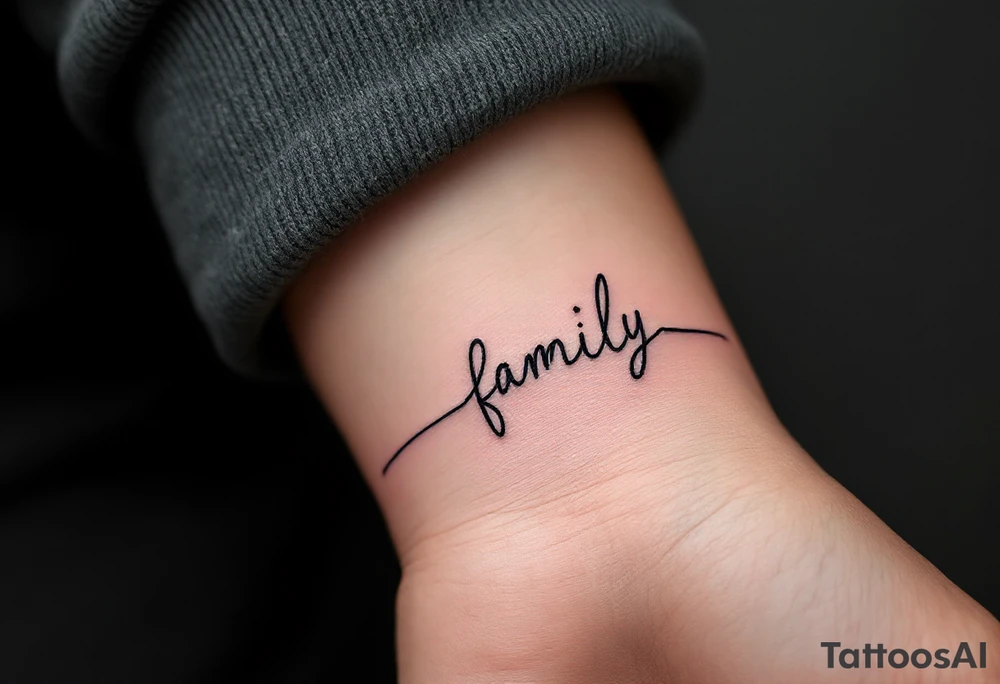 A minimalist family tattoo in delicate gray cursive, underlined by a thin red heartbeat line. tattoo idea