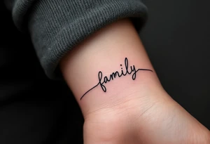 A minimalist family tattoo in delicate gray cursive, underlined by a thin red heartbeat line. tattoo idea