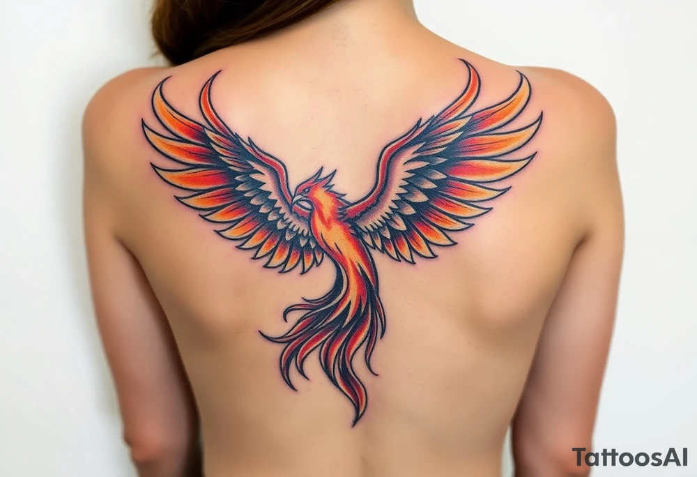 My wife is looking to get a tattoo of a phoenix on her thigh. She wants it beautiful, in color, and potentially flying out of ashes upwards. A quote she likes is "it's time I break my chains and run with the giants" to go with it. So if that gives any new inspiration to it, please be creative and make the best looking tattoo possible! tattoo idea