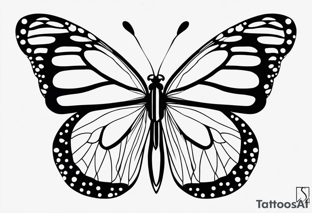 Design a black and white fine line tattoo of a monarch butterfly. The top halves of the wings should be filled with delicate poppy flowers, seamlessly integrated into the wing design. The overall style should be minimalistic and elegant, with clean lines and intricate details. The bottom halves of the wings should remain simple to emphasize the flowers above. tattoo idea
