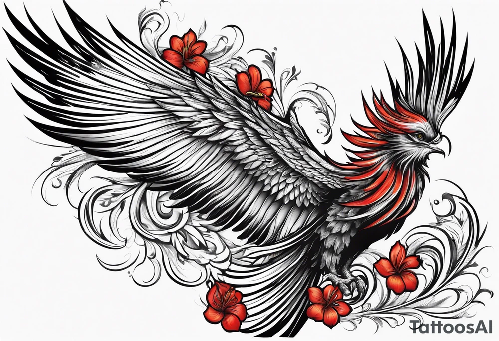 elongated phoenix in flight 
in profile long tail with claws holding red flowers falling tattoo idea
