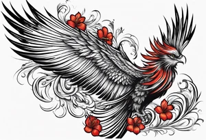 elongated phoenix in flight 
in profile long tail with claws holding red flowers falling tattoo idea