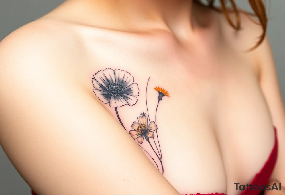 California poppies, California blackberries, gray’s lupine, marsh marigold, Indian paintbrush, one daisy, and an orange and orange blossom. Make it sick as fuck tattoo idea