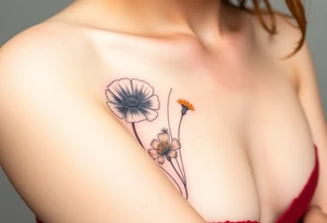 California poppies, California blackberries, gray’s lupine, marsh marigold, Indian paintbrush, one daisy, and an orange and orange blossom. Make it sick as fuck tattoo idea