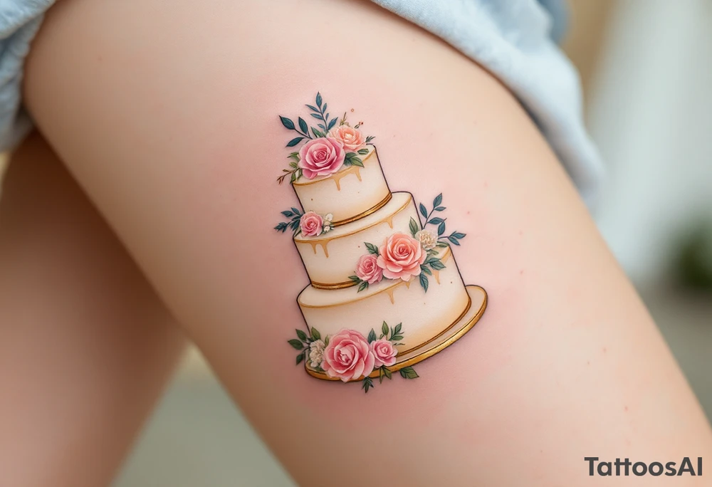 A vintage-style wedding cake tattoo with three tiers, adorned with floral accents (roses, hydrangeas), and topped with a small, delicate bow. Ivory cake with soft pink and peach flowers, gold accents, and a light cream ribbon. tattoo idea