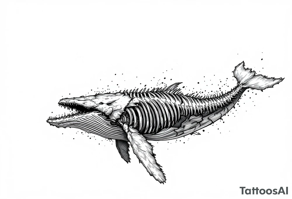 I press on toward the goal for the prize of the upward call of God in Christ Jesus. represented by a whale moving upwards. idea is basically a whale that's damaged and torn exposing the skeletal innerts, but it's still fiercely moving forward as hard as it can. tattoo idea