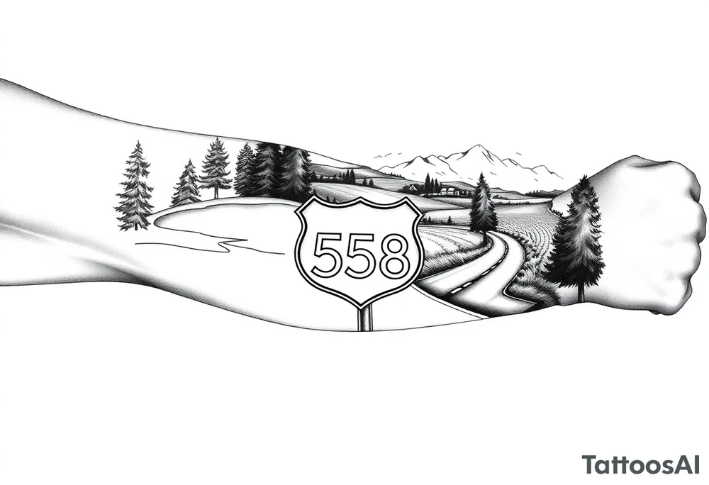Arm sleeve small State Route sign 558 at wrist, with trees all around and farm in background, road w/ view tattoo idea
