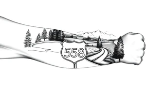 Arm sleeve small State Route sign 558 at wrist, with trees all around and farm in background, road w/ view tattoo idea