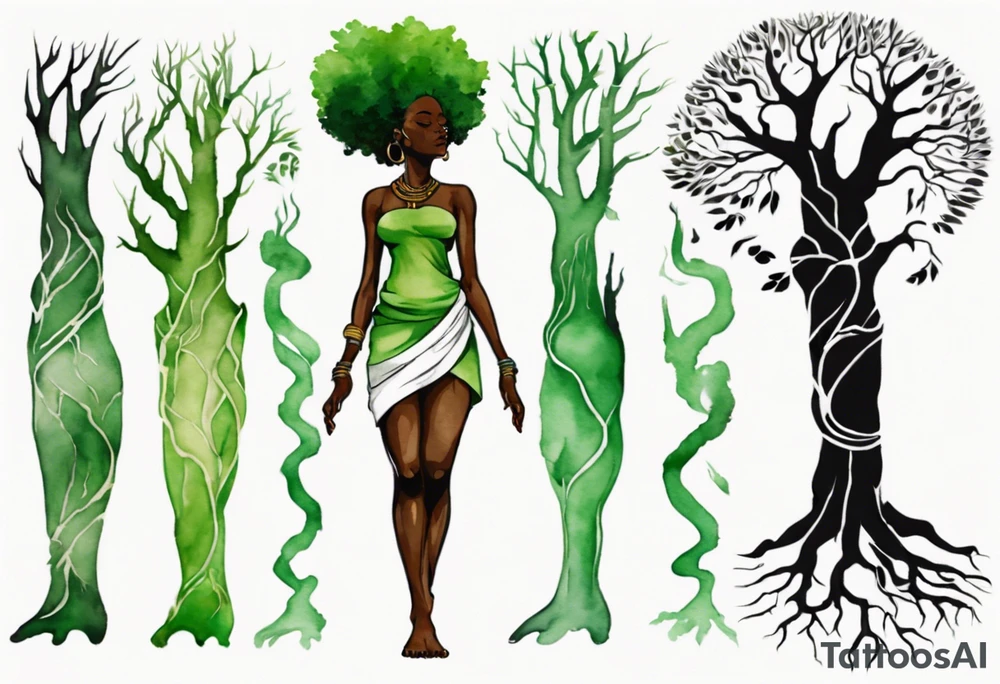 a tree trunk with roots that is a black woman from the waist up, feet made of tree roots, arms reaching up to the sun, wearing a green tunic tattoo idea
