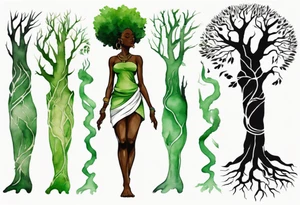 a tree trunk with roots that is a black woman from the waist up, feet made of tree roots, arms reaching up to the sun, wearing a green tunic tattoo idea