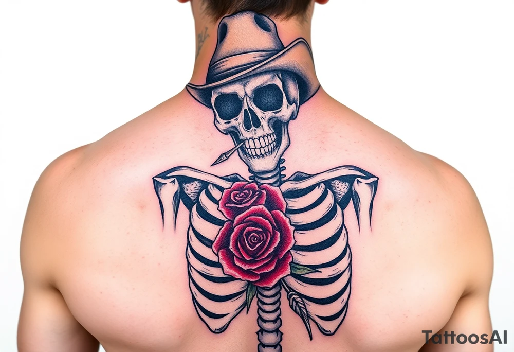a full body skeleton cowboy with a rose in his mouth. tattoo idea