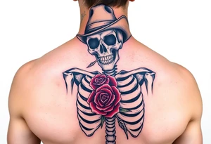 a full body skeleton cowboy with a rose in his mouth. tattoo idea