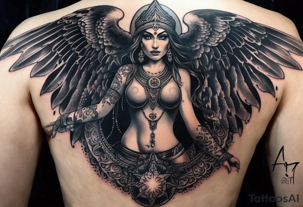 black kali, goddess pirate, alien, angel, pachamama, valkrye, warrior, flying, skull, lotus azul, wing, eagle, zenza resonance, stars, 5D, anahata chakra, death, durga, riding on a tiger, flying lady, chest tatoo tattoo idea