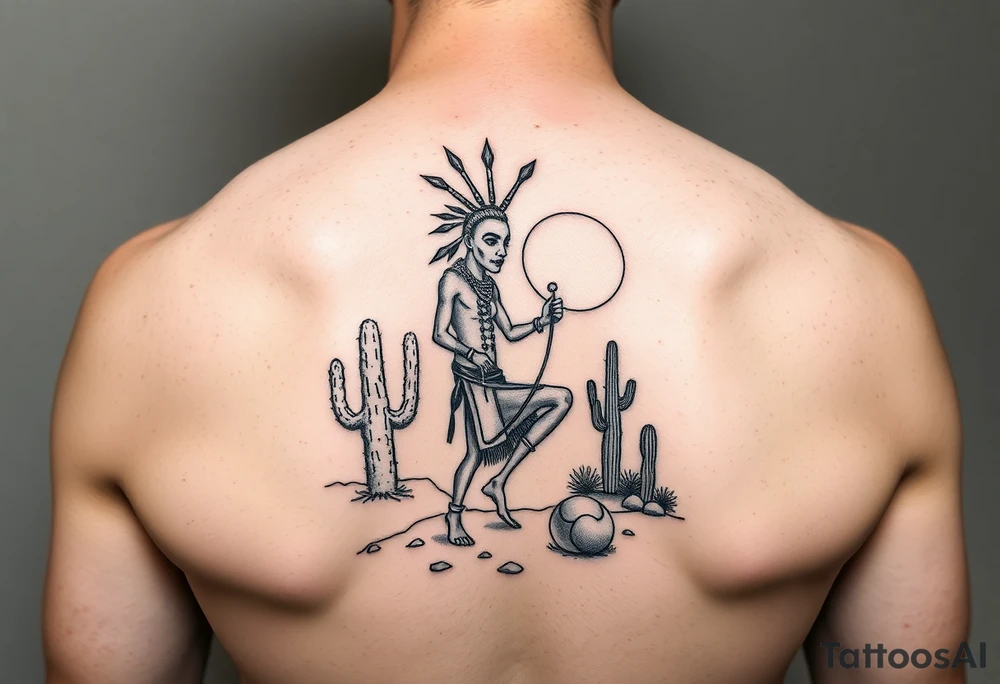Kokopelli persona in desert scene with cactus and sun tattoo idea