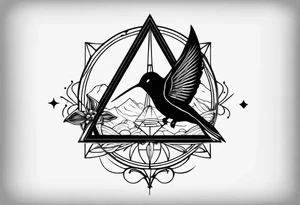 Two triangles with one unclosed, crescent moon, compass, one hummingbird tattoo idea