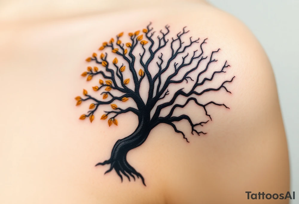 A tree of life with golden leaves, flourishing on one side, symbolizing growth and harmony, juxtaposed against a barren black tree with twisted branches and deep red eyes peering through the shadows, signifying decay and destruction tattoo idea