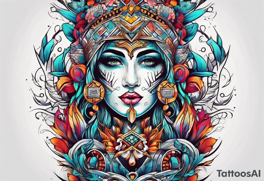 Bold geometric tapestry trident in colour on arm tattoo idea