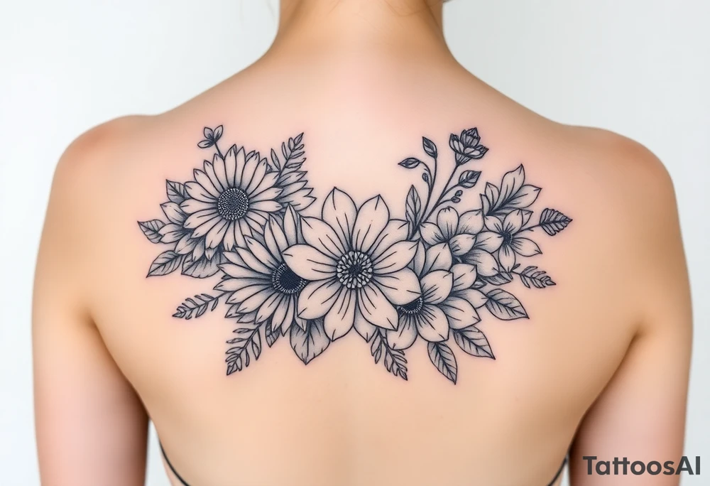 Honeysuckle, marigold, chrysanthemum, and violet bouquet tattoo idea