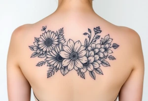 Honeysuckle, marigold, chrysanthemum, and violet bouquet tattoo idea