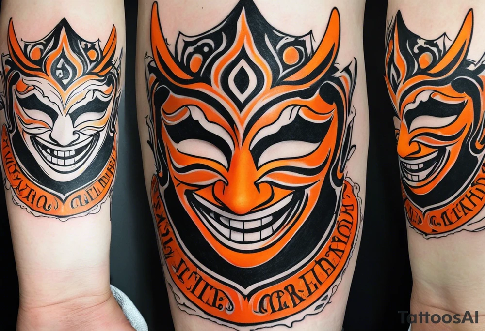 Laughing mask that is orange and black tattoo idea