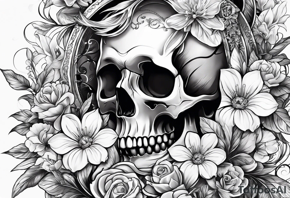 Skull, flowers, death, rebirth coverup tattoo idea