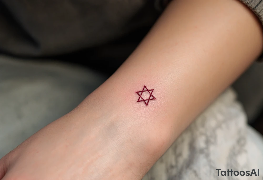 A circle of protective Hebrew letters in deep crimson, enclosing a radiant white star. tattoo idea