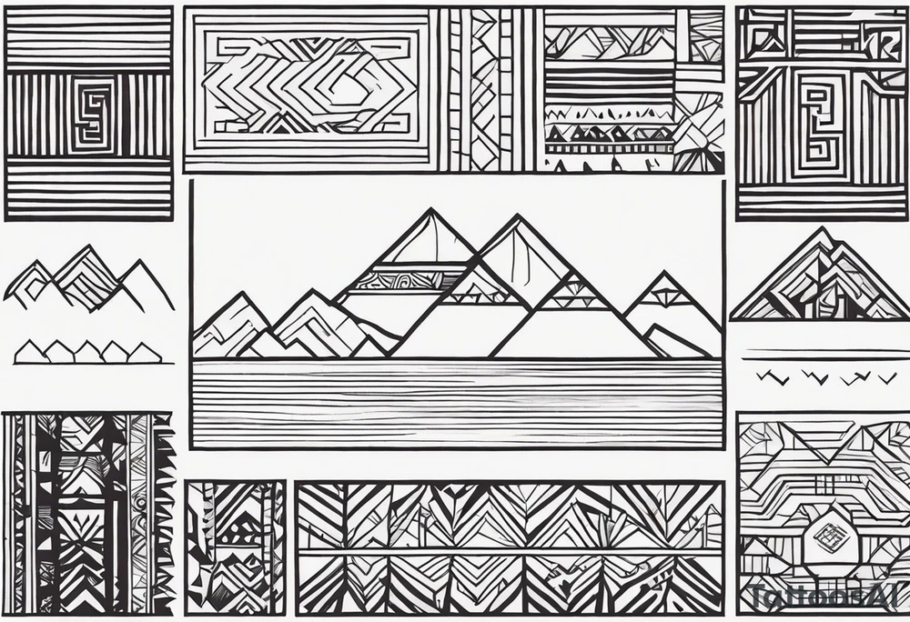Create a tattoo design in a linear geometric art style depicting images associated with Peru, such as the Andes Mountains, Machu Picchu, llamas or traditional textile patterns. The tattoo should be done in a monochromatic black and white color scheme with clear outlines and minimal details to create an elegant and modern composition. tattoo idea