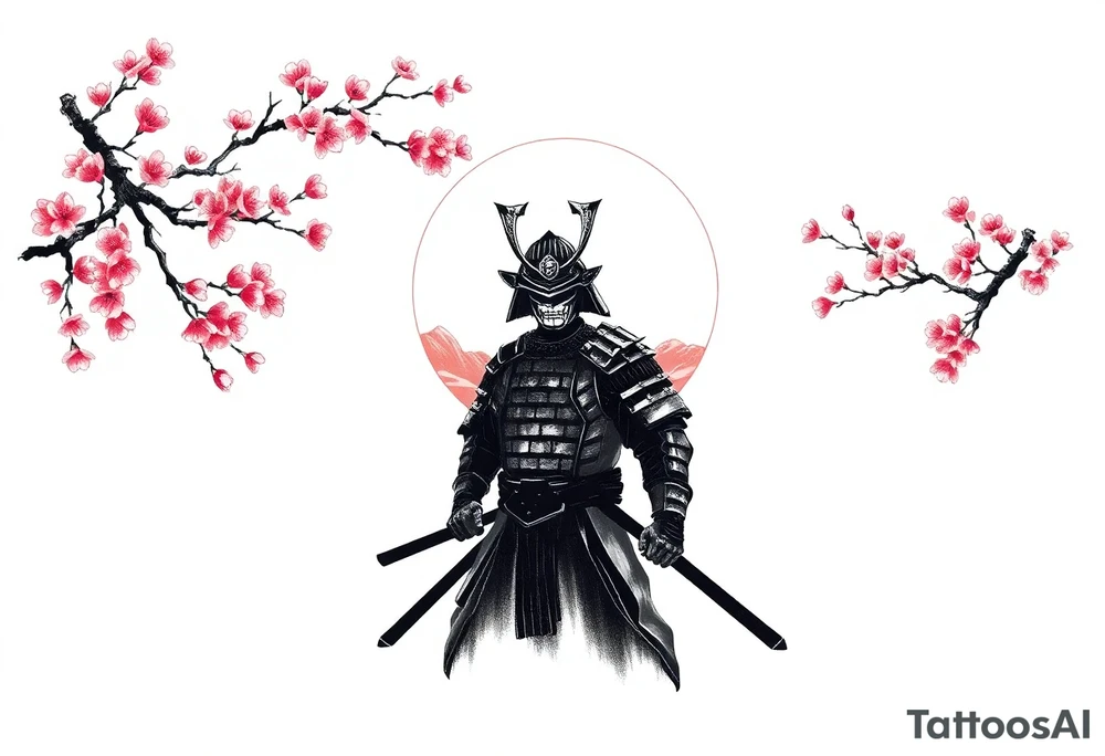 noble samurai warrior silhouette at sunset with cherry blossoms tattoo idea