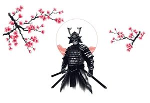 noble samurai warrior silhouette at sunset with cherry blossoms tattoo idea