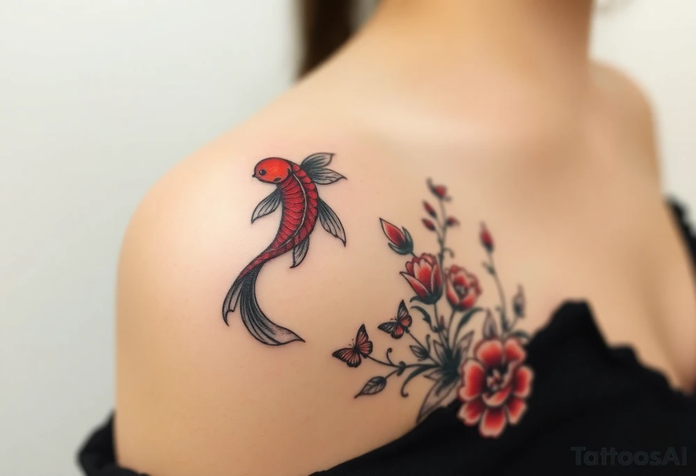 I want the tattoo starting at my collar bone, and I want it to go down my arm, but doesn’t go past my elbow. I want my middle name, Sané” on my collarbone area and I want the red and black koi fish too on my shoulder area. And I want flowers that represent healing, happiness, and peace and purity. tattoo idea