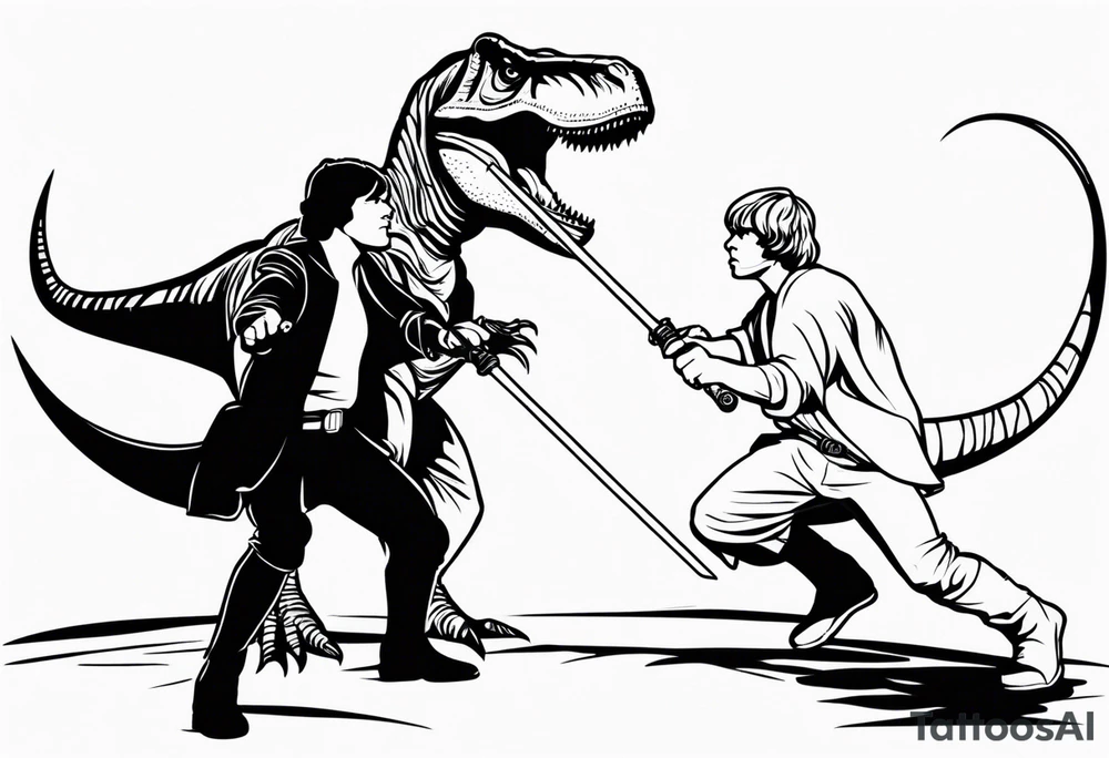 Luke Skywalker and a T-Rex fighting each other with lightsabers tattoo idea