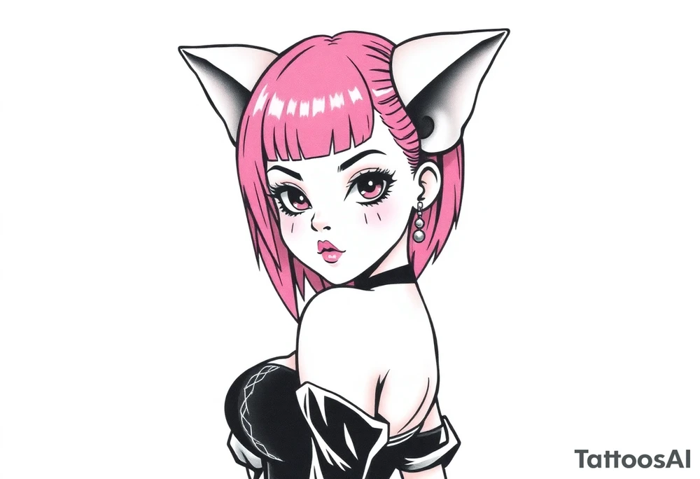 hot goth girl with puppy ears and with piercings on face and big boobs and big butt with black outfit on with pink hair tattoo idea