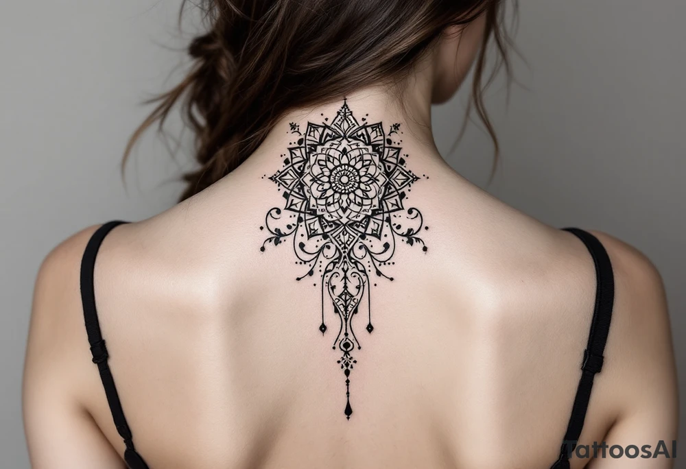 spine tattoo design with symmetrical ornamental patterns, combining dotwork, mandala elements, and flowing lines that follow the natural curves of the body. The design is intricate and balanced.” tattoo idea