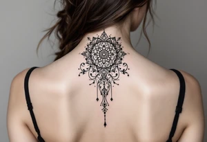 spine tattoo design with symmetrical ornamental patterns, combining dotwork, mandala elements, and flowing lines that follow the natural curves of the body. The design is intricate and balanced.” tattoo idea