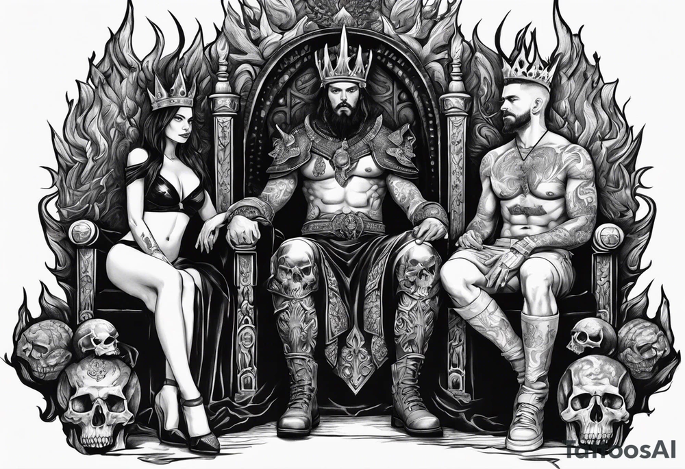 A man wearing a black crown sitting on a throne and a women standing next to him in Hell sitting on skulls with flame above tattoo idea
