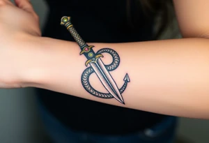 mystical snake coiled around an ancient dagger with jeweled hilt tattoo idea