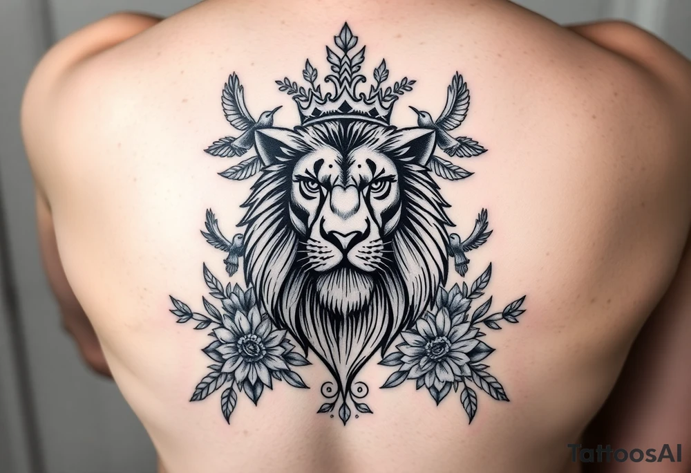 powerful majestic lion with a crown, surrounded by floral ornaments and birds tattoo idea